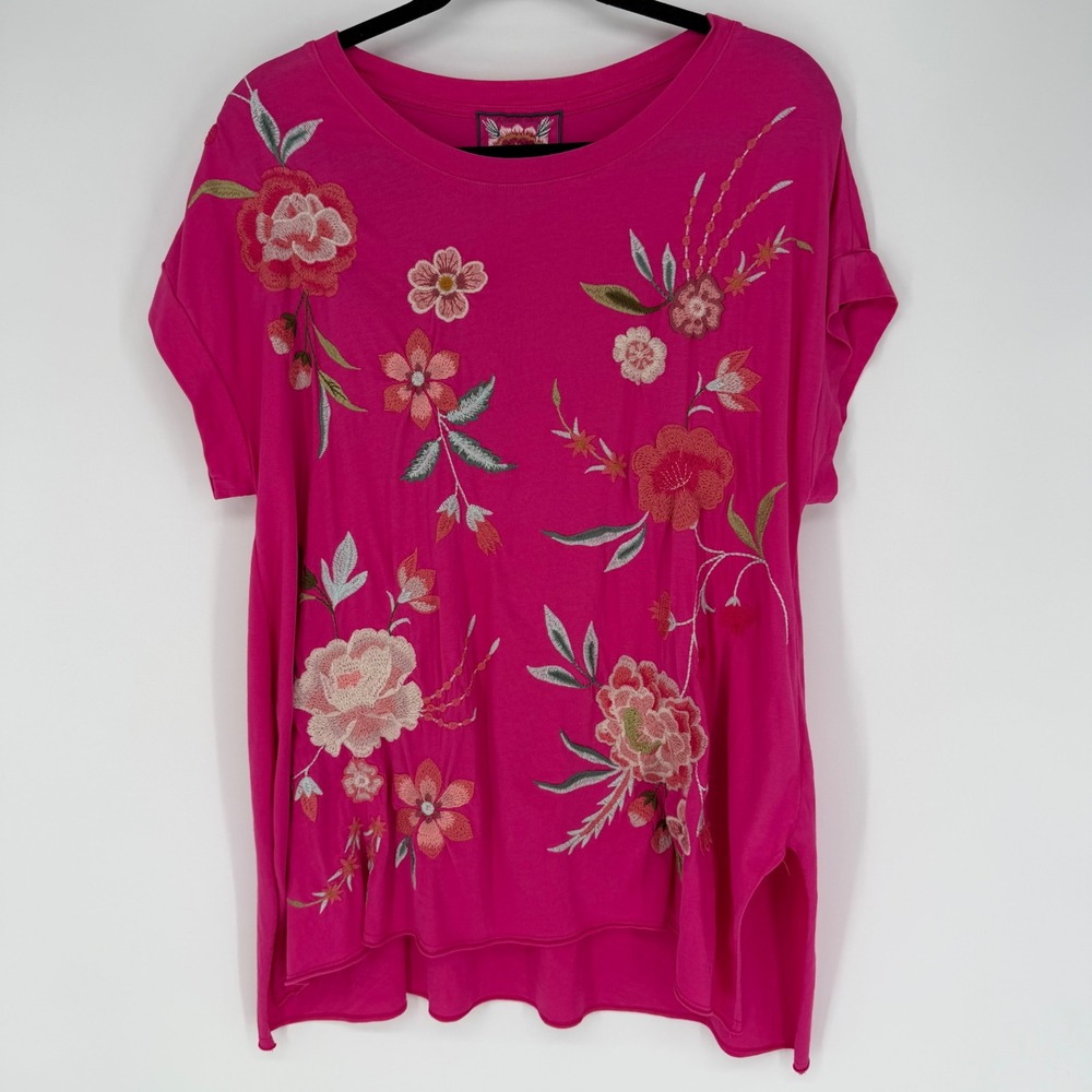 JOHNNY WAS JOYA RELAXED DRAPE TEE FUCHSIA PINK EMBROIDERED FLORAL MEDIUM BOHO